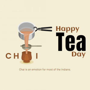 Illustration of a traditional Indian chai pot with steam and text 'Happy Tea Day'