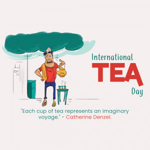 Cartoon illustration celebrating International Tea Day with a tea vendor and text.