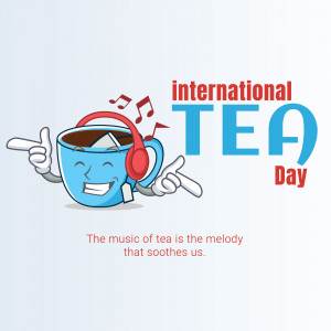 Cartoon tea cup with headphones celebrating International Tea Day