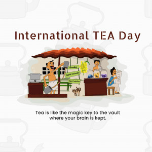 Illustration celebrating International Tea Day with a tea stall scene and quote.
