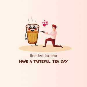 Cartoon illustration of a glass of tea proposing to a man with hearts floating around.