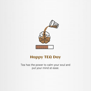 Illustration of a brain shaped like a tea bag with tea pouring into it, with the text 'Happy Tea Day'