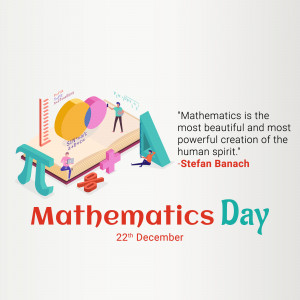 Isometric illustration celebrating Mathematics Day with mathematical symbols and a quote by Stefan Banach.