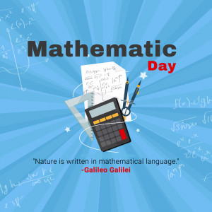 Illustration for Mathematical Day with equations, tools, and a quote by Galileo Galilei.