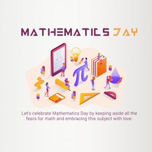 Illustration celebrating Mathematics Day with tiny people and math symbols.