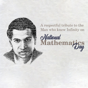 Portrait of Srinivasa Ramanujan with mathematical equations and text commemorating National Mathematics Day.