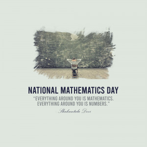 National Mathematics Day graphic with a person looking at a mathematical landscape