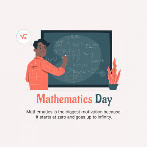 Illustration of a man explaining mathematical equations on a chalkboard with the text 'Mathematics Day'.