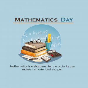 Illustration of books, glasses, pencils, and a calculator with mathematical equations for Mathematics Day