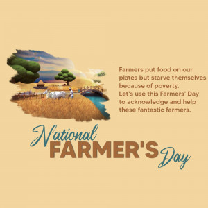 Image depicting a rural landscape with text celebrating National Farmer's Day and a message about supporting farmers.