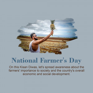 A farmer raising a pineapple with a field background and text celebrating National Farmer's Day.