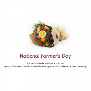 A bouquet of fresh fruits and vegetables tied with brown paper, with text 'National Farmer's Day'