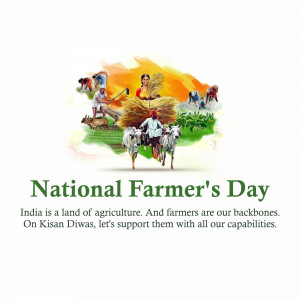 Illustration depicting Indian farmers and agricultural scenes with text 'National Farmer's Day'