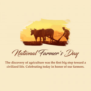 Silhouette of a farmer plowing a field with oxen at sunset, with text 'National Farmer's Day'