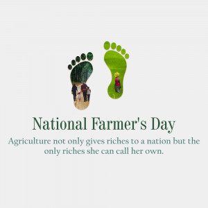 Green footprints filled with a farm scene and text celebrating National Farmer's Day.