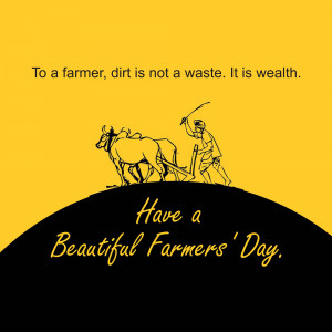 Illustration of a farmer plowing a field with oxen, with text celebrating Farmers' Day.