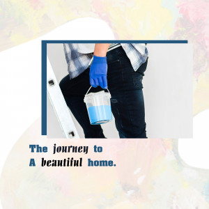 Person holding a paint bucket and wearing gloves while standing on a ladder