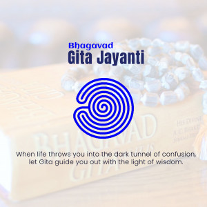 Bhagavad Gita Jayanti image with a blue spiral and text.