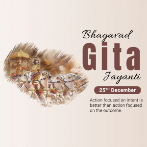 Bhagavad Gita Jayanti celebration poster with illustration of Krishna and Arjuna