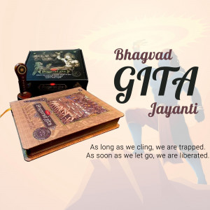 Bhagavad Gita book with decorative elements and text 'Bhagavad Jayanti'