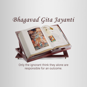 Bhagavad Gita book on a wooden stand with text