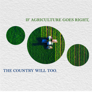 Aerial view of a tractor working in a green field with text overlay.