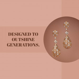 Close-up of gold and diamond earrings against a muted peach background with text 'Designed to outshine generations'.