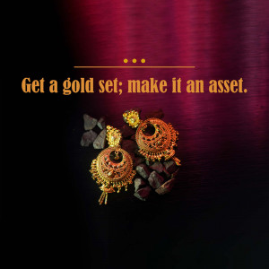 Close-up of gold earrings and nuggets on a dark textured background with text overlay.