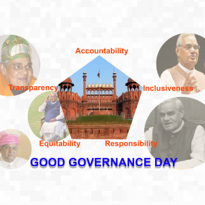 Image depicting Good Governance Day with portraits of Indian leaders and core values.