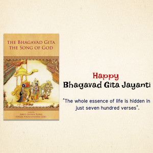 Image of The Bhagavad Gita book cover with a festive greeting for Bhagavad Gita Jayanti.