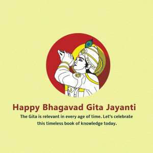 Illustration of Lord Krishna playing the conch shell with text 'Happy Bhagavad Gita Jayanti'