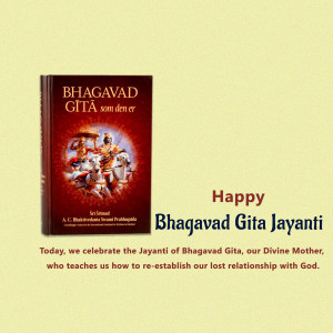 Image of Bhagavad Gita book with a celebratory message for Bhagavad Gita Jayanti