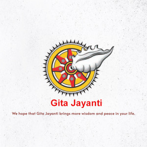 Gita Jayanti image with a conch shell and Dharma Chakra
