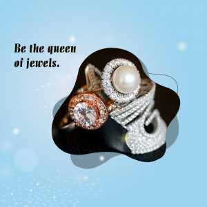 Close-up of diamond and pearl rings with text 'Be the queen of jewels'