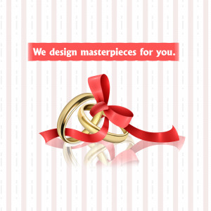 Two gold wedding rings tied with a red ribbon on a striped background