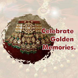 Close-up of a gold and emerald necklace with text 'Celebrate Golden Memories'