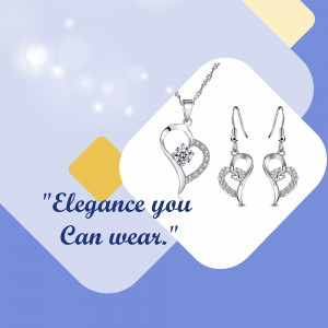 Silver heart pendant necklace and earrings set with cubic zirconia stones
