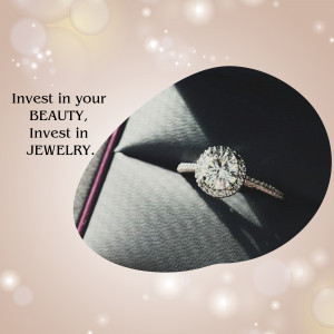 Close-up of a diamond engagement ring on a velvet cushion with text overlay.