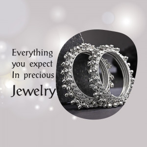 Close-up of ornate silver bangles with text 'Everything you expect in precious Jewelry'