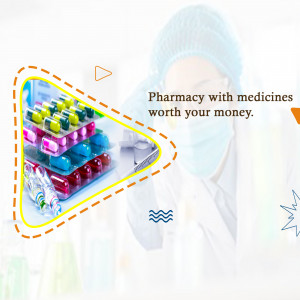 Image depicting pharmacy medications and a healthcare worker with text promoting affordable pharmacy services.