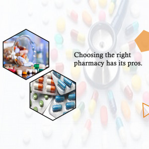 Image depicting pills, capsules, and a stethoscope, promoting the importance of choosing the right pharmacy.
