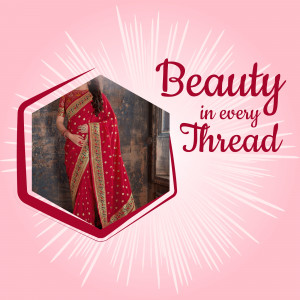 Woman wearing a red saree with gold embroidery, promotional image