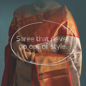 Woman draped in a vibrant orange and gold saree with text overlay