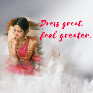 Indian bride wearing a red and gold saree with jewelry, posing on a white couch.