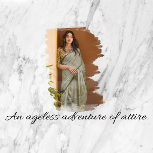 Woman wearing a grey saree with a golden blouse, posing against a marble and brushstroke background.