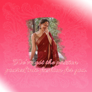 A woman smiling and wearing a red saree with a floral background and text overlay.