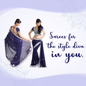 Woman wearing a blue saree with silver embellishments