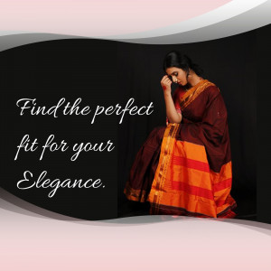 Woman in a traditional Indian saree with text overlay