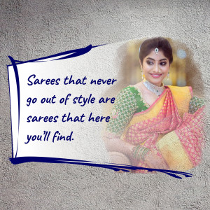 Woman wearing a beautiful orange and green saree with text overlay.