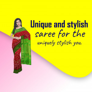 Woman wearing a red and green saree with text overlay